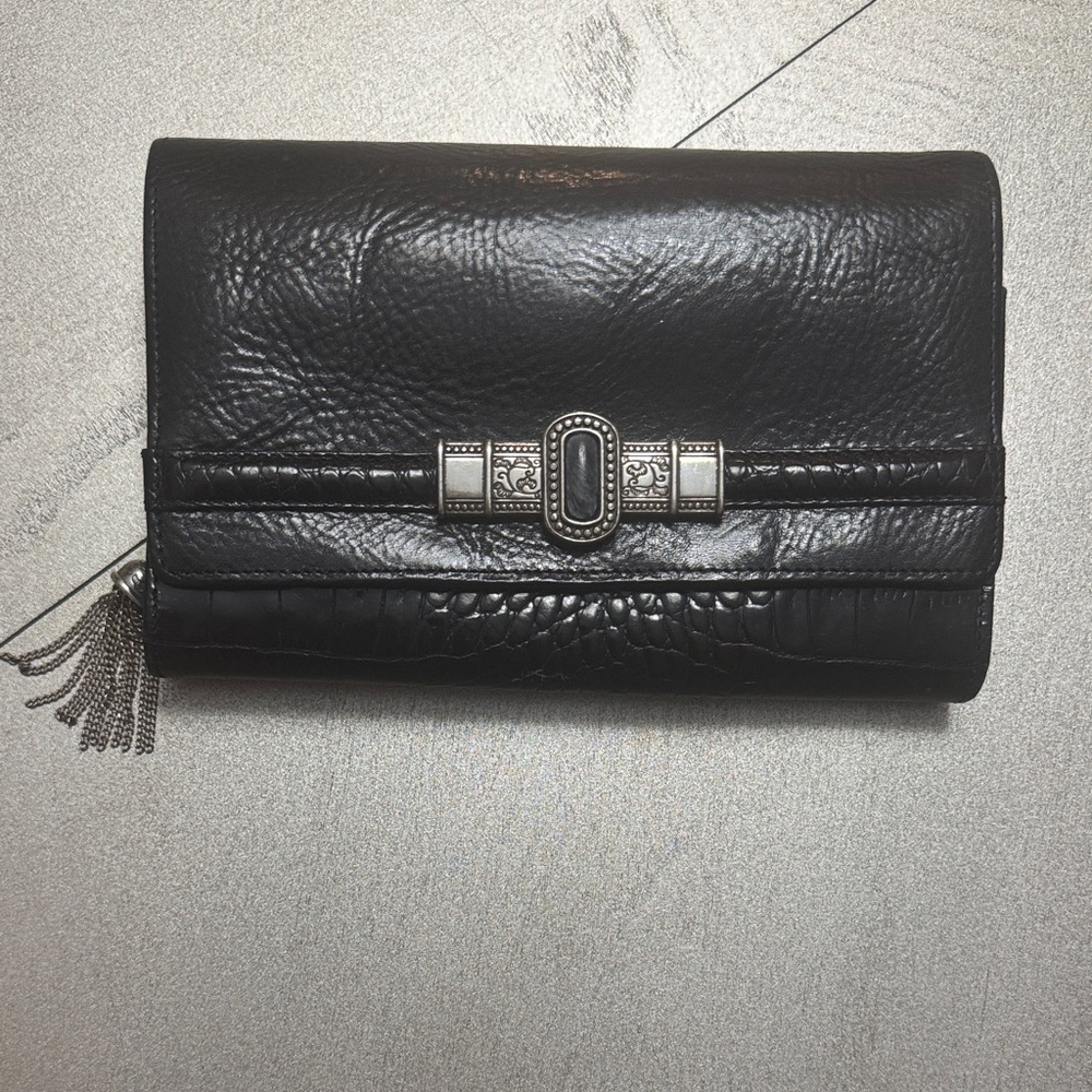 Brighton Black Leather Clutch with Silver Details